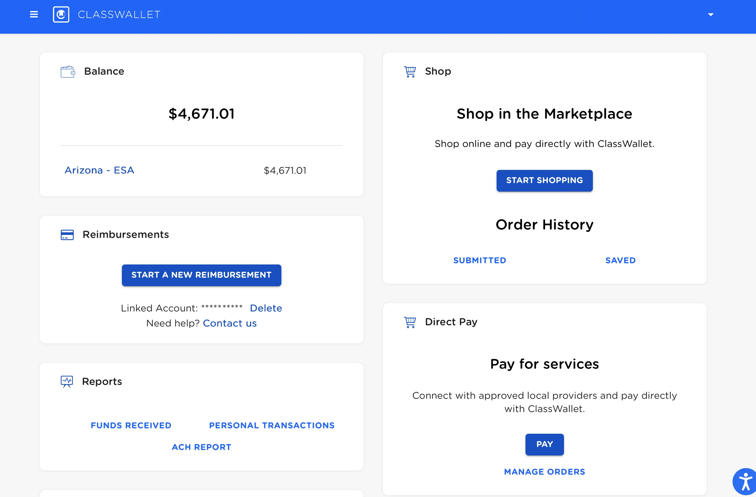 ClassWallet dashboard showing ESA balance and Direct Pay card