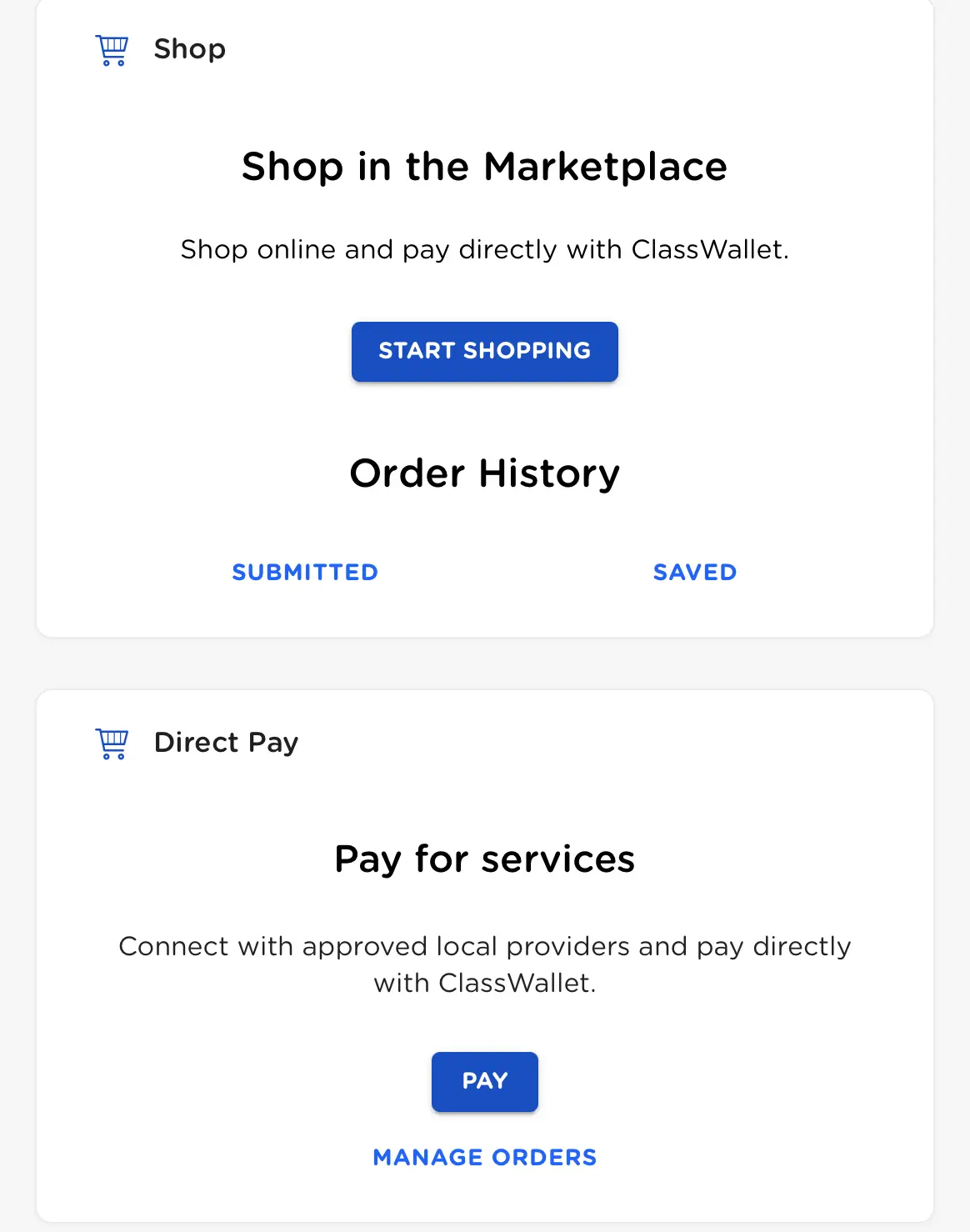 ClassWallet Direct Pay section with Pay button