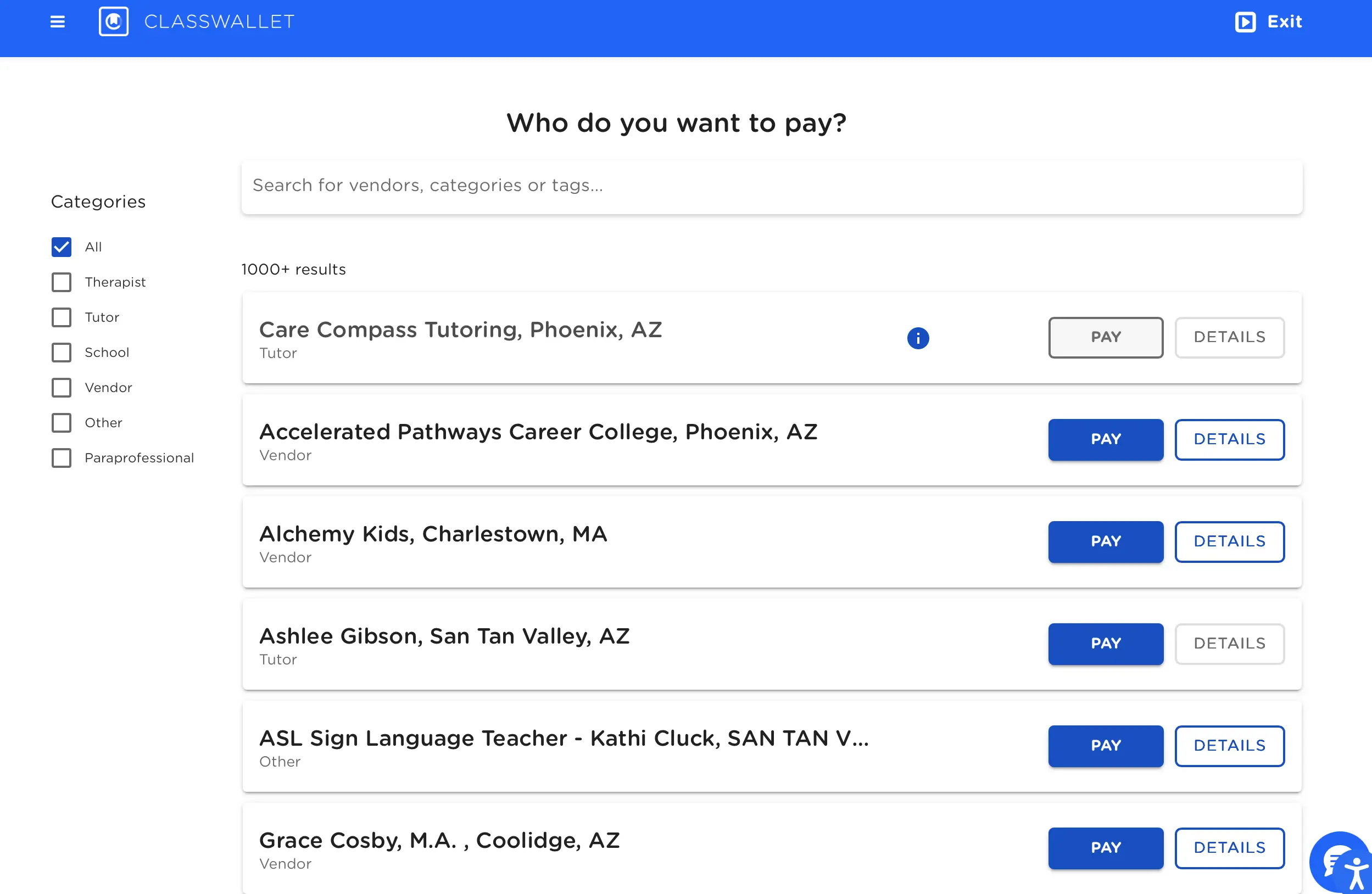 ClassWallet search screen asking who do you want to pay