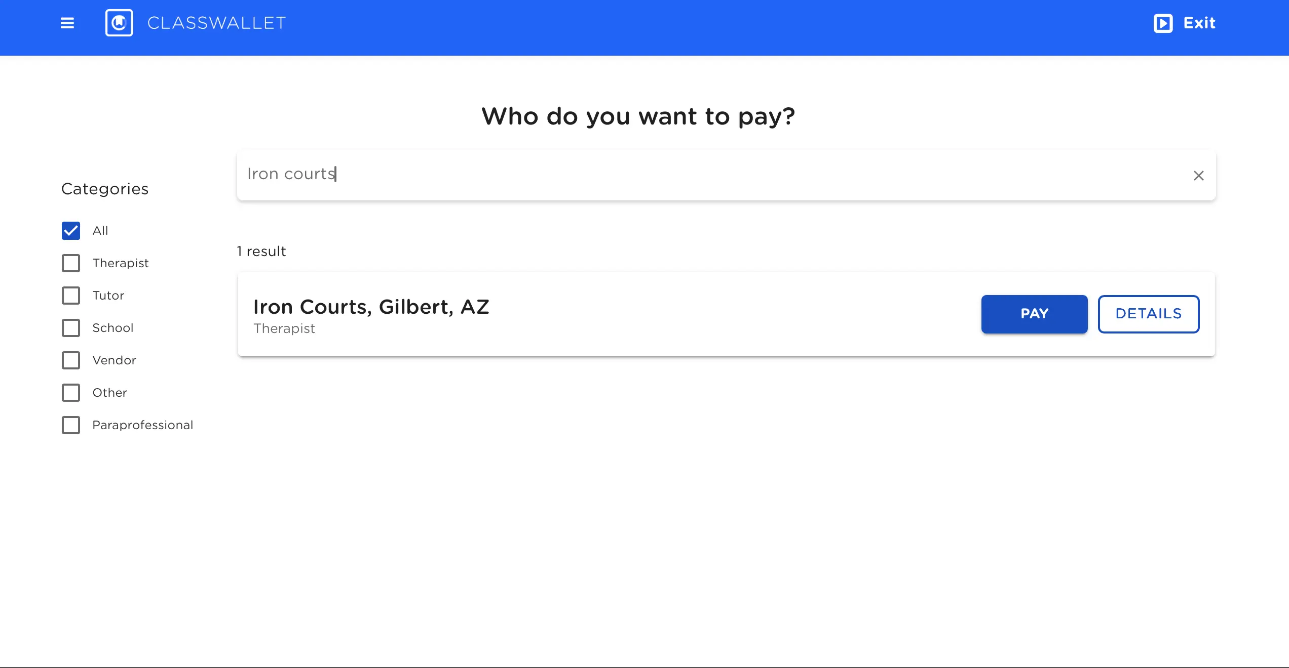 ClassWallet search result showing Iron Courts Gilbert AZ with Pay button